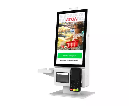 Касса самообслуживания АТОЛ КСО 3210, бел. (21,5", J6412, SSD, 8/256GB), без Wi-Fi, с ОС,Frontol, Mindeo, Ind., 2хРозетка, Кр. ФР.,Кр. пин, MSR, cam